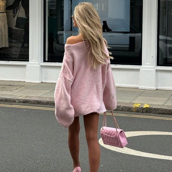 Pink Women's Casual Soft & Cozy Oversized Off-Shoulder Pullover Sweater - Picture 3 of 6